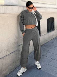EURMUSE Solid Crop Hoodie & Sweatpants - Dark Grey - View 3