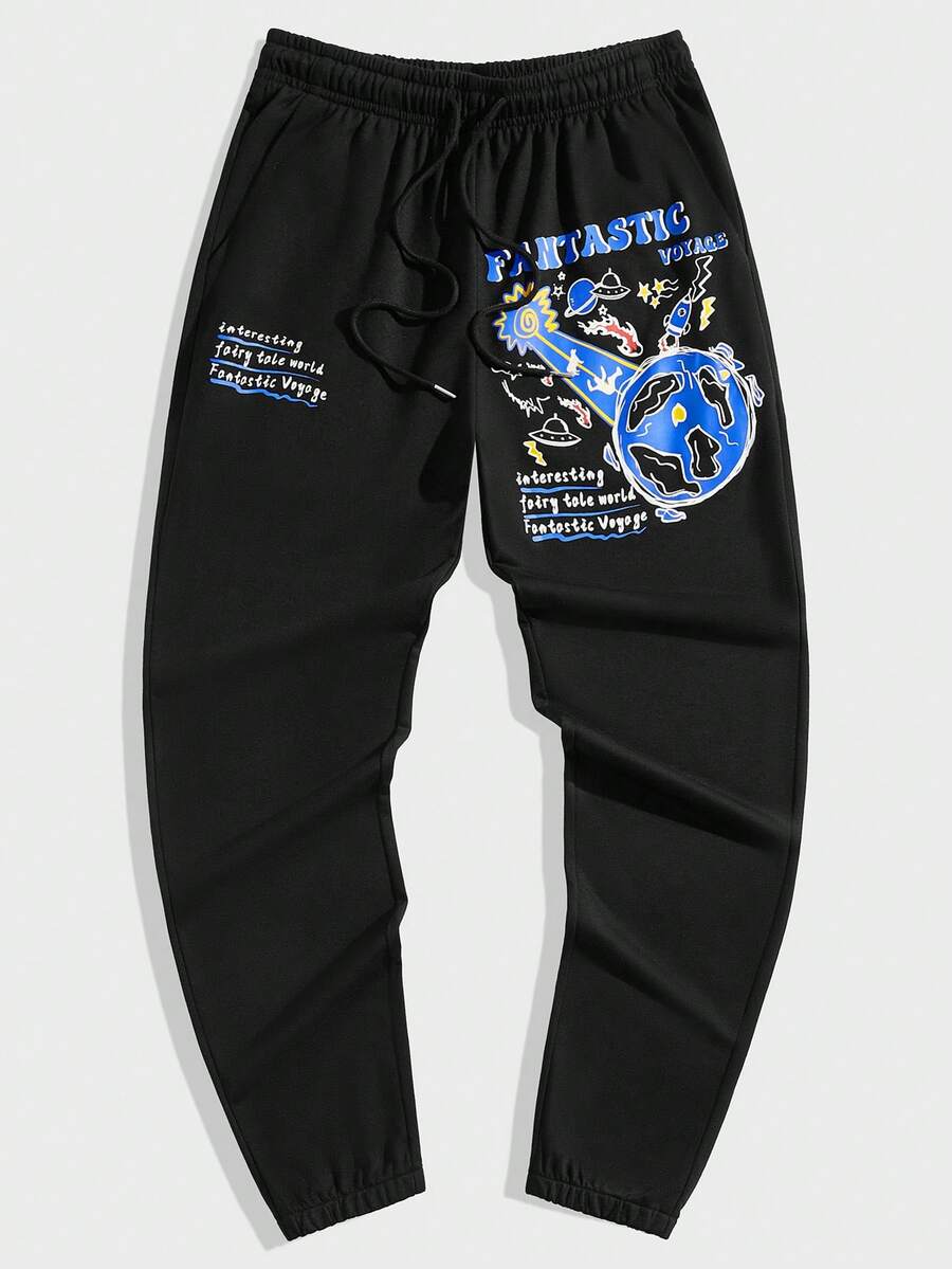 ROMWE MEN Street Life Guys Slogan & Cartoon Graphic Drawstring Waist Sweatpants - Black - View 1