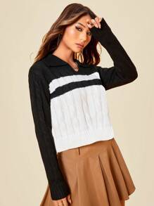 SHEIN Unity Colorblock Cable Knit Pullover Fall Winter Sweater - Black and White - View 5