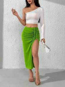 SHEIN PETITE Mặt trước dây rút Tách đùi Váy - Màu xanh chanh - Xem 4