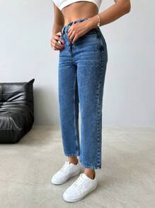 EURMUSE High Waist Straight Leg Cropped Jeans - Medium Wash - View 3