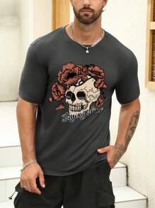 Men Skull & Floral Print Tee - Dark Grey - View 4