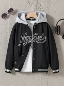 SHEIN Tween Boy Letter Graphic Striped Trim Jacket With Detachable Hood Without Tee - Black - View 3