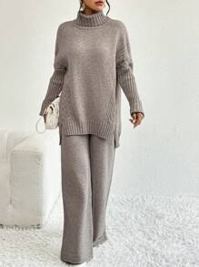 Firerie 高領落肩袖下擺開叉套頭毛衣和針織褲 - 灰色 - 查看 4