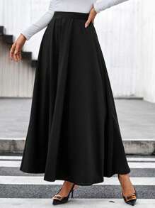 SHEIN Clasi Solid High Waist Flare Skirt - Black - View 1