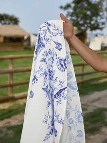 SHEIN VCAY Cộng với váy tay áo in hoa - Xanh và trắng - Xem 7