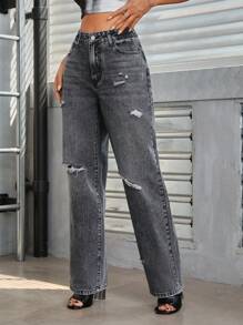 SHEIN Essnce Chất rắn Rách Quần legging thẳng - Màu xám đen - Xem 4