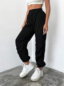 EURMUSE Solid Drawstring Waist & Hem Pants - Black - View 3