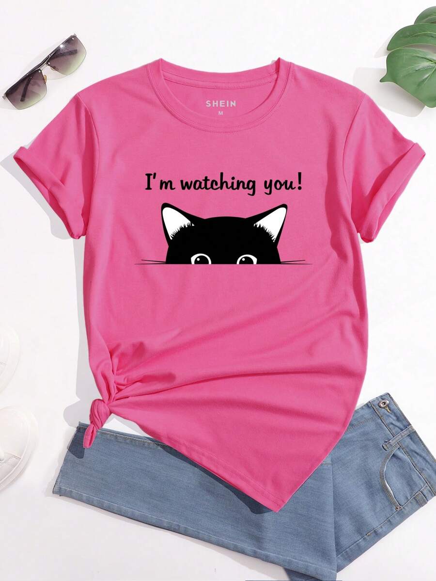 SHEIN Qutie Đồ họa bằng khẩu hiệu và hoạt hình Áo thun - Màu Hồng Tươi - Xem 1