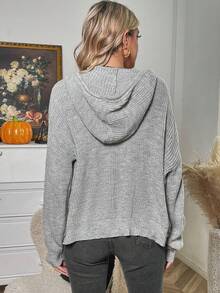 SHEIN LUNE Zip Up Drawstring Hooded Cardigan - Light Grey - View 2