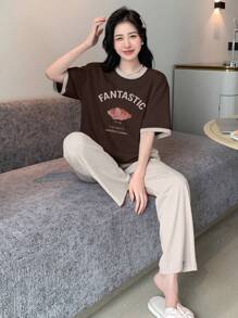 DAZY 字母图案撞色饰边落肩休闲套装睡衣 - 棕色 - 查看 4