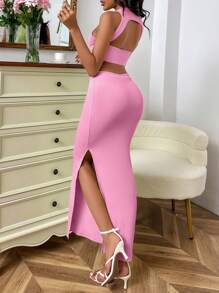 SHEIN Privé Cắt ra Tách đùi Không lưng Đầm - Hồng - Xem 1