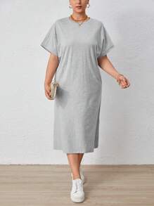 SHEIN Essnce Plus Solid Batwing Sleeve Tee Dress - Light Grey - View 4