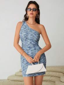 SHEIN Essnce Vestido ajustado de space dye de un hombro - Azul - Ver 5