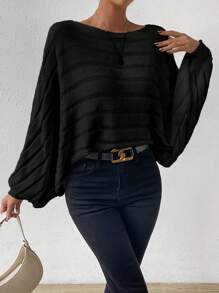 Chiquease Batwing Sleeve Ribbed Knit Pullover Fall Winter Sweater - Black - View 5