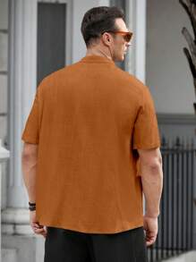 GENTILAND Loose Plus Size Men's Solid Color Button Up Pocket Patched Shirt - Brown - View 2