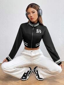SHEIN Unity 字母圖案條紋飾邊拉鏈開襟短夾克 - 黑色 - 查看 6