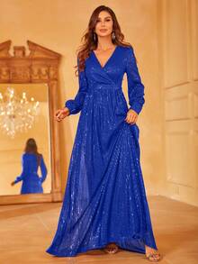 Faeriesty Cross-Neck Long Sleeve Sequin Maxi Party Dress - Royal Blue - View 4