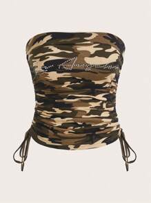 SHEIN EZwear Camo Print Letter Rhinestone Drawstring Side Tube Top - Multicolor - View 1
