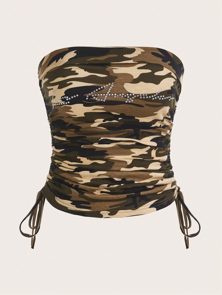 SHEIN EZwear Camo Print Letter Rhinestone Drawstring Side Tube Top - Multicolor - View 1