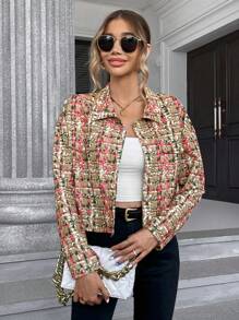 SHEIN Privé In kẻ sọc Thả vai Nút phía trước Tweed Áo khoác - Nhiều màu - Xem 4