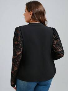 Chikora 大碼蕾絲拼接紐扣細節夾克不附吊帶上衣 - 黑色 - 查看 3