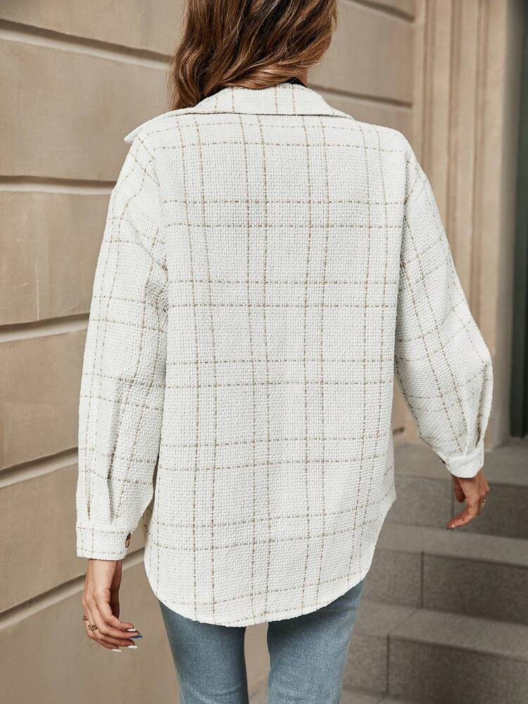 Plaid Flap Pocket Drop Shoulder Tweed Overcoat Fall Cloth For Women