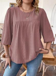 SHEIN LUNE 大碼網眼刺繡燈籠袖T恤 - 藕粉色 - 查看 3