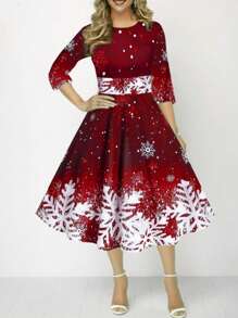 Christmas Snowflake Print A-Line Dress - Red - View 1