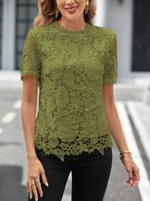 SHEIN Clasi Ren Guipure Cổ giả Áo sơ mi - màu xanh lá - Xem 5