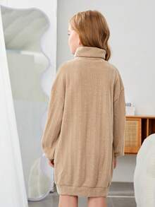 SHEIN 女大童高領落肩袖洋裝不附腰帶 - 卡其色 - 查看 2