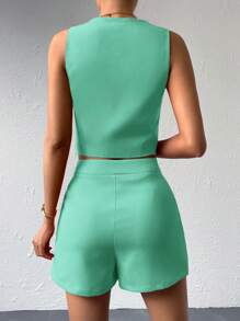 Aveloria Solid Button Front Waistcoat & Shorts  - Green - View 2