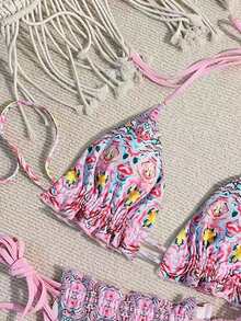 地圖印花露背三角泳衣套裝，可系腰帶款式 - 淺粉色 - 查看 4