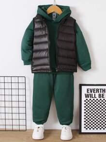 SHEIN 小男孩前拉鍊背心夾克和字母貼片連帽衫和運動衫 - 綠色 - 查看 3