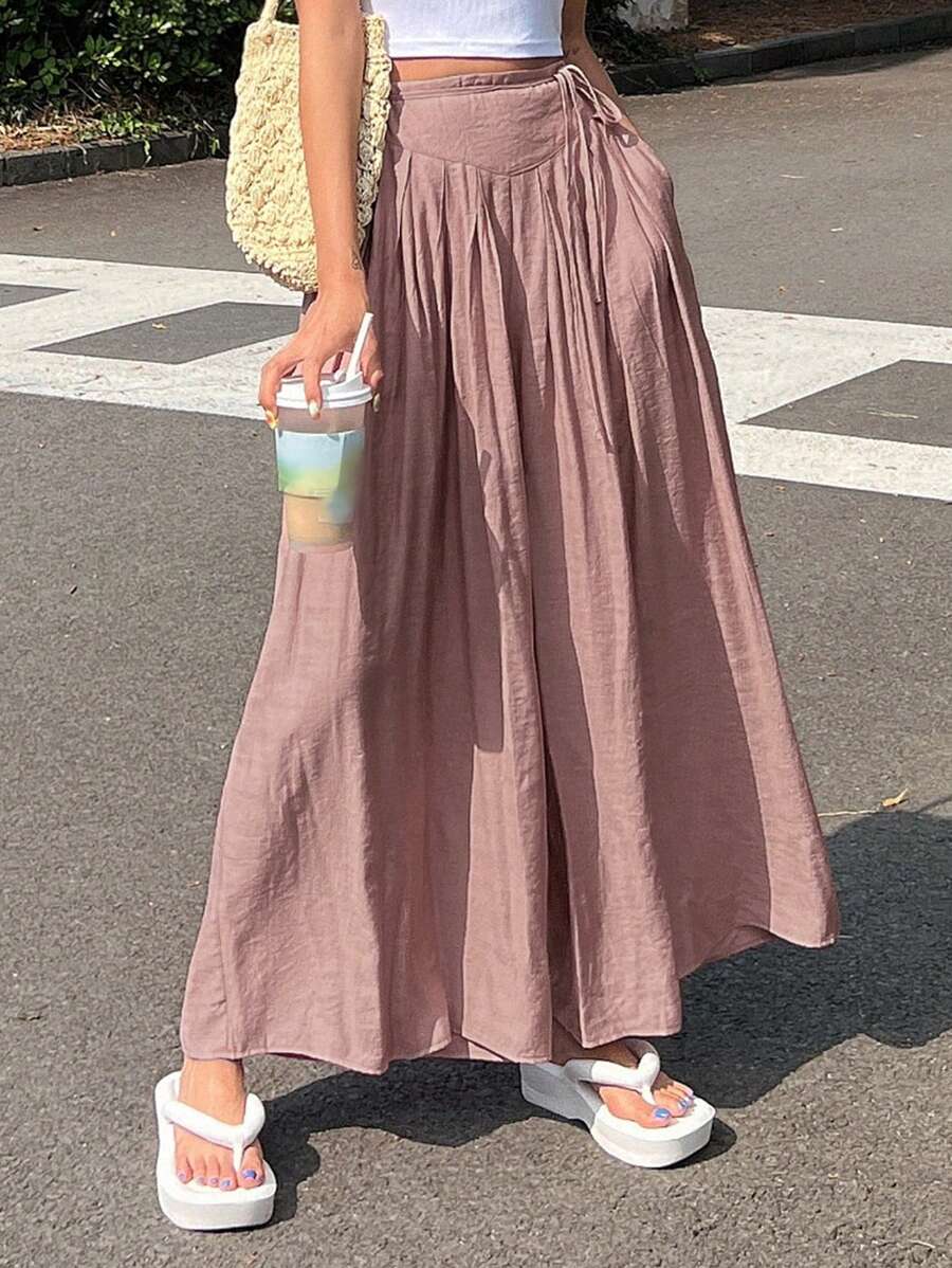 DAZY Solid Tie Side Wide Leg Trousers - Pink - View 1