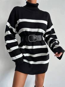 EURMUSE Women's Turtleneck Oversized Drop Shoulder Long Sleeve Long Sweater - Black and White - View 5