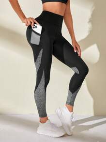 Exploreva Colorblock Phone Pocket Side Wideband Waist Sports Leggings