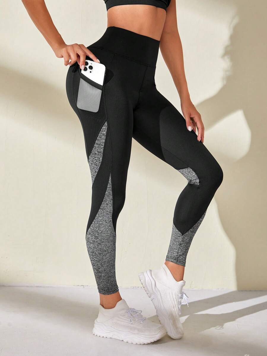 Exploreva Colorblock Phone Pocket Side Wideband Waist Sports Leggings
