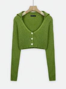 SHEIN Unity 條紋針織前紐扣開襟衫 - 橄欖綠 - 查看 1