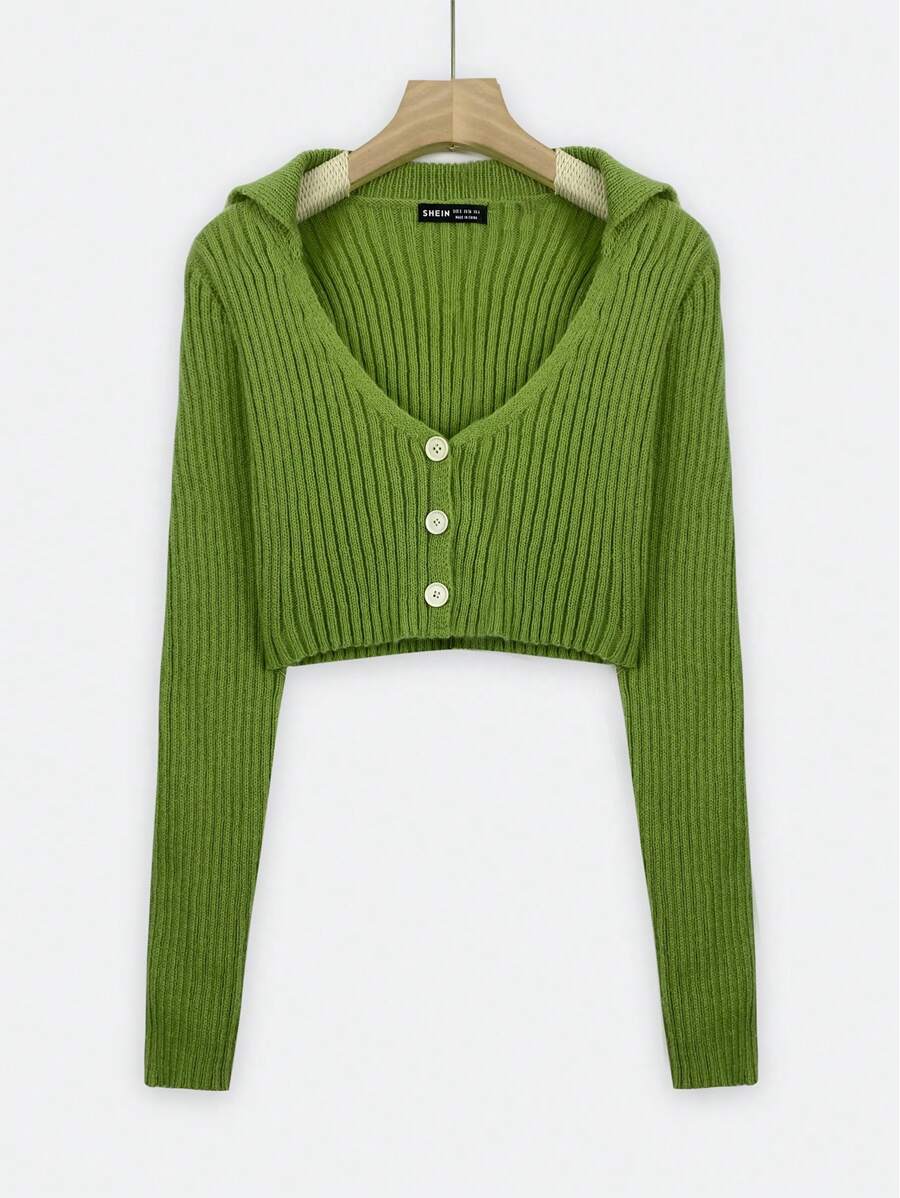 SHEIN Unity 條紋針織前紐扣開襟衫 - 橄欖綠 - 查看 1