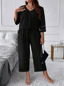 SHEIN LUNE Hơn Lưới tương phản Áo sơ mi & Dây thắt lưng Quần - màu đen - Xem 3