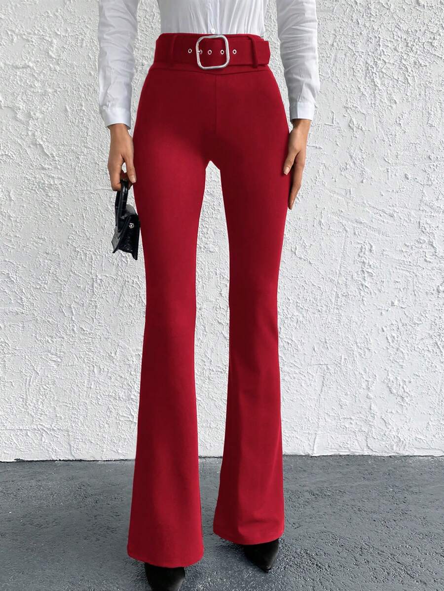EURMUSE Solid Flare Leg Trousers With Belt - Red - View 1