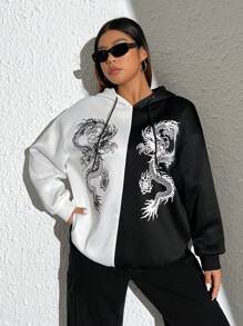 SHEIN EZwear 加大码中国龙印花双色落肩抽绳卫衣 - 黑與白 - 查看 3