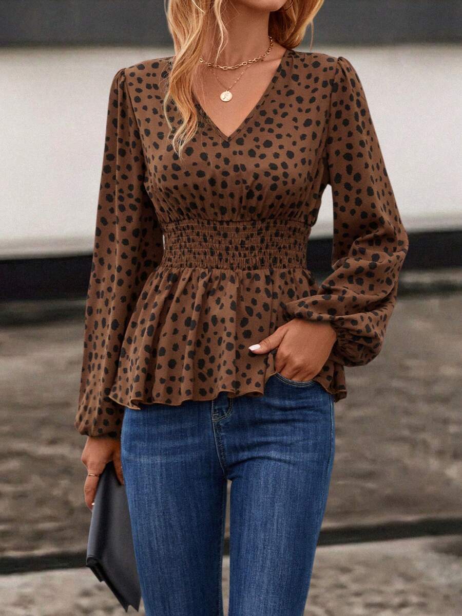 SHEIN Clasi Dalmatian Print Lantern Sleeve Peplum Blouse - Brown - View 1
