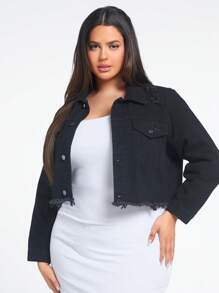 SHEIN Essnce 大碼翻蓋口袋毛邊牛仔夾克 - 黑色 - 查看 1