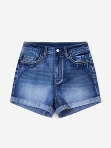 SHEIN EZwear Plus High Waist Roll Hem Denim Shorts - Medium Wash - View 3