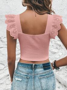 SHEIN VCAY Spring Eyelet Embroidery Ruffle Trim  Pink Bodycon Crop Tee - Dusty Pink - View 2