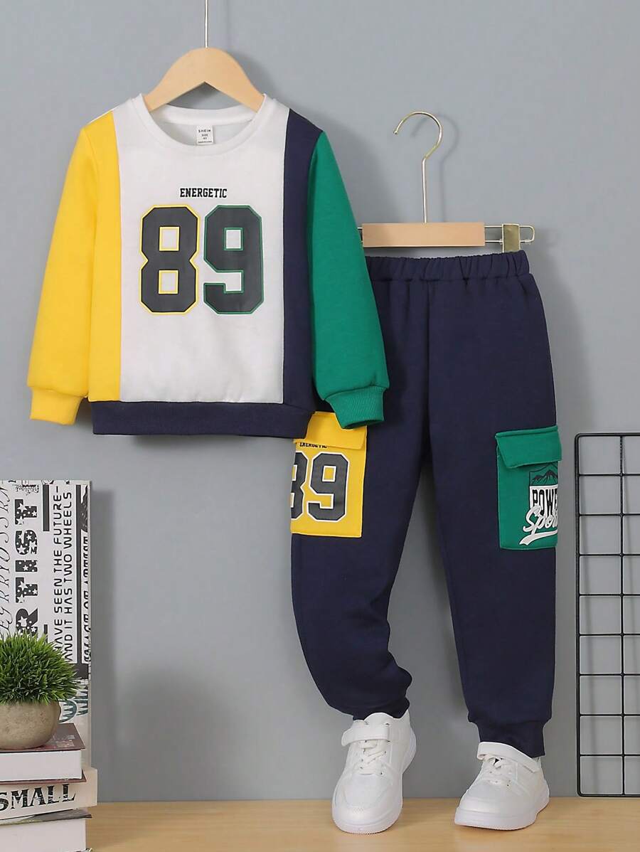 SHEIN Young Boy Letter Graphic Colorblock Sweatshirt & Sweatpants - Multicolor - View 1