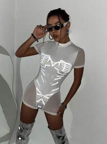 SHEIN ICON Reflective Graphic Mesh Insert Unitard Romper - White - View 5