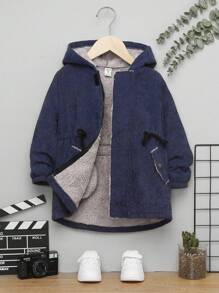 SHEIN 男小童翻蓋口袋毛絨內襯連帽燈芯絨大衣 - 黑色 - 查看 7